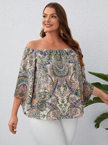 SHEIN VCAY Plus Size Peplum Paisley Print Off Shoulder Blouse - Multicolor - View 5