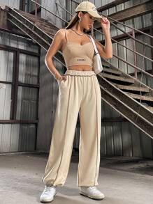 SHEIN Unity 女士彈性腳踝束口長褲 - 杏色 - 查看 3