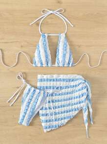 SHEIN Swim Ladies Blue & White Striped Design Three-piece Bikini Set - Blue and White - View 7