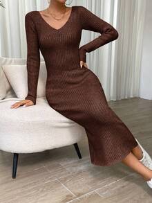 SHEIN Essnce Solid Ribbed Knit Sweater Dress - Coffee Brown - View 6