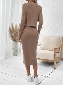 SHEIN LUNE Solid Button Front Coat & Dress - Khaki - View 3