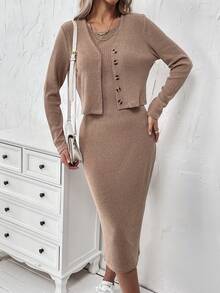 SHEIN LUNE Solid Button Front Coat & Dress - Khaki - View 5