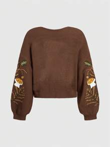 ROMWE Fairycore 女式針織開衫,植物刺繡細節和單排釦扣 - 咖啡棕 - 查看 2