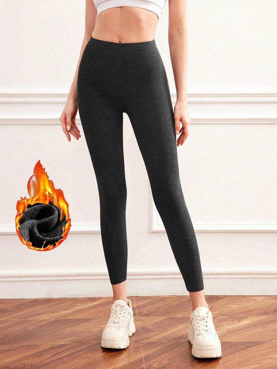 SHEIN EZwear 女士實色高腰修身紧身裤,休閑保暖打底褲 - 深灰色 - 查看 1