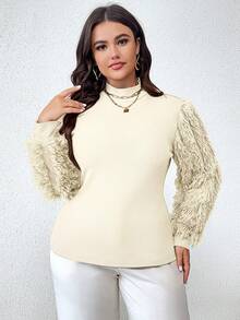 Celure Plus Size Fur Sleeve Top - Beige - View 5