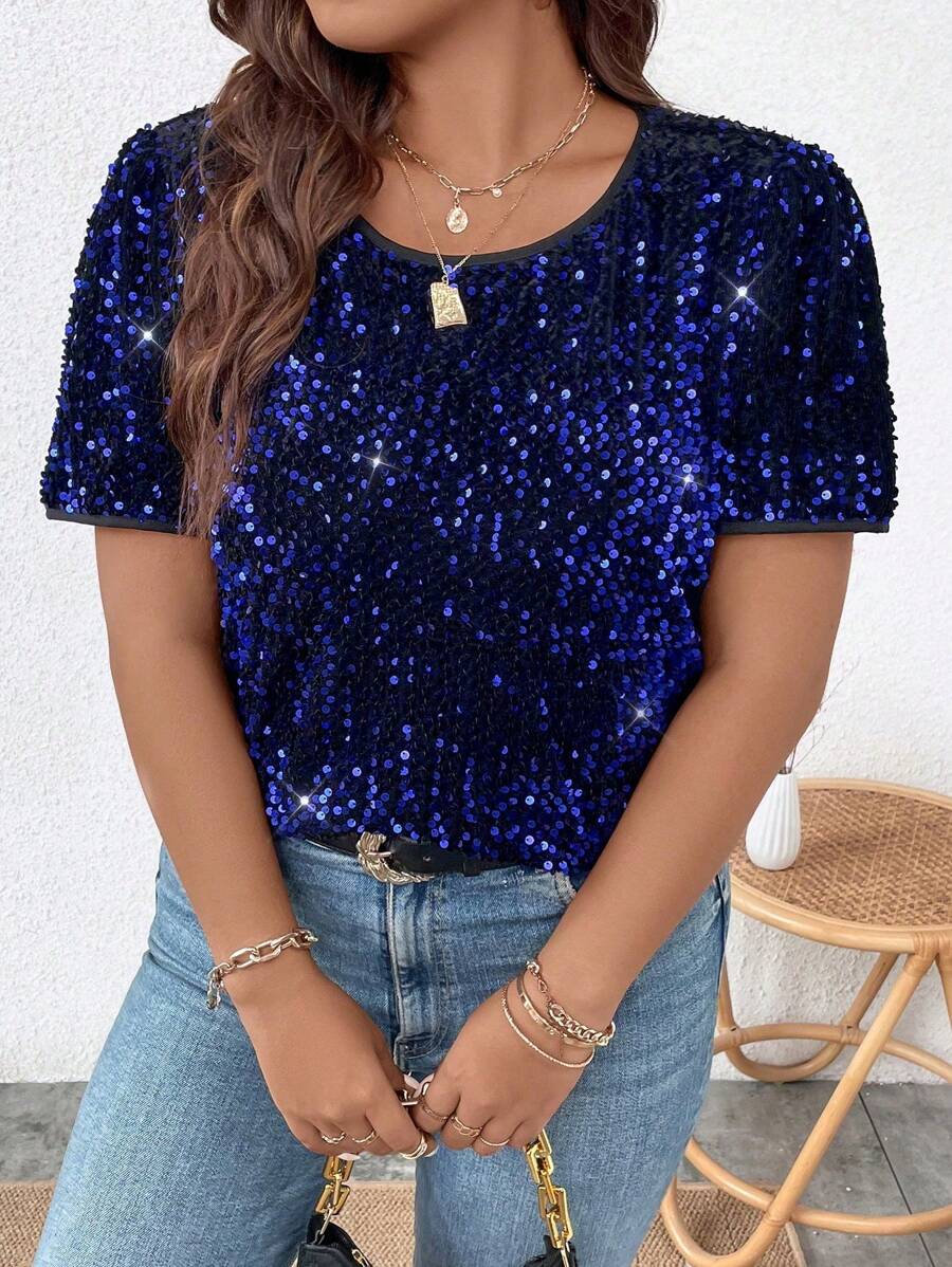 SHEIN Clasi Plus Size Short Sleeve Top With Sequin Detailing On Round Neck - Violet Purple - View 1