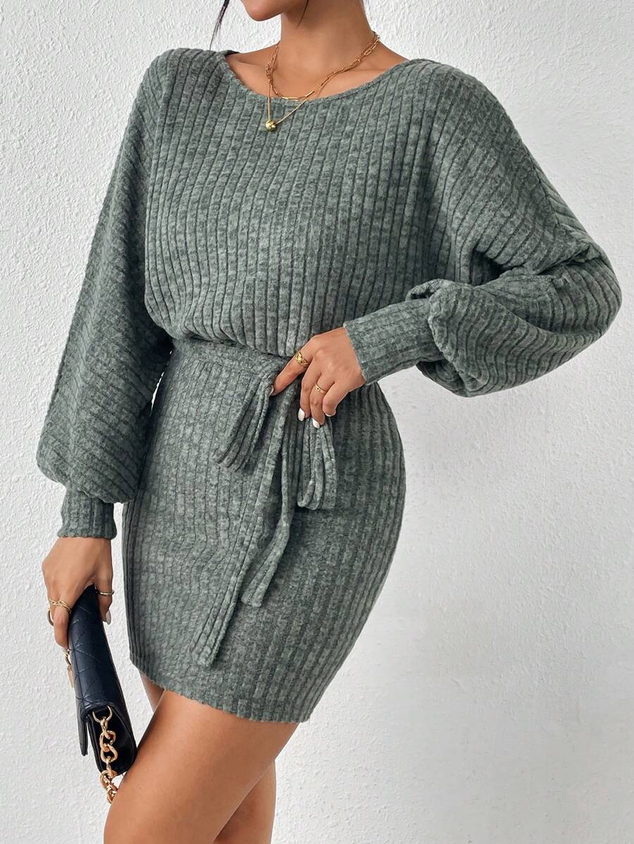 SHEIN Frenchy Batwing Sleeve Ribbed Knit Belted Dress Winter