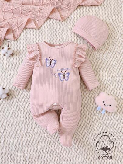 Baby Girl Butterfly Embroidery Ruffle Edge Footed Jumpsuit Pajamas Holiday Travel Releax Summer Clothes Cotton