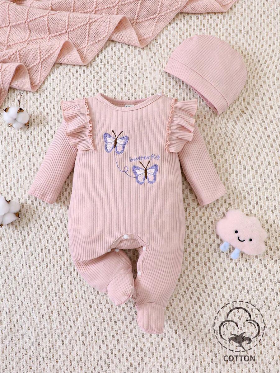 Baby Girl Butterfly Embroidery Ruffle Edge Footed Jumpsuit Pajamas Holiday Travel Releax Summer Clothes Cotton - Dusty Pink - View 1