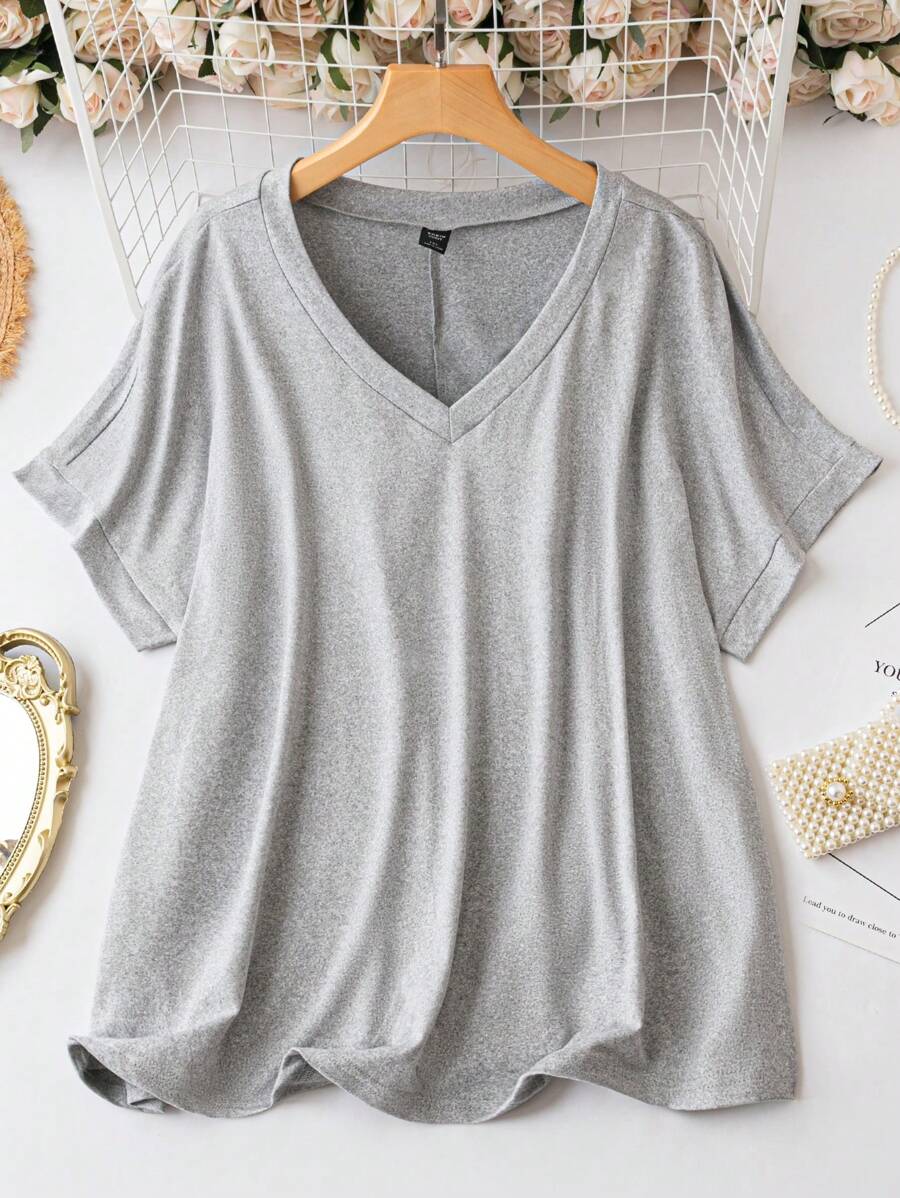 EMERY ROSE T-shirt De Base Pour Femmes Grandes Tailles À Col En V - Gris pâle - Voir 1