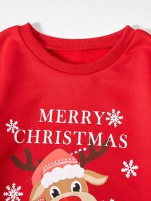 Christmas Reindeer Print Drop Shoulder Pullover - Red - View 4