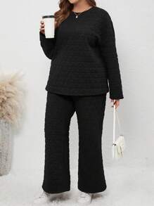 SHEIN LUNE 2入組/套 大尺寸純色圓領鑽石圖案設計上衣和褲子 - 黑色 - 查看 6