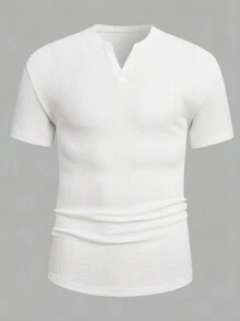 Manfinity Homme Áo thun nam cổ bẻ tay ngắn màu trơn, đi chơi, tặng chồng, áo thun Henley trơn - trắng - Xem 4