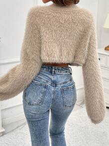 SHEIN LUNE Single Button Crop Fuzzy Cardigan Fall Cloth For Women - Apricot - View 2