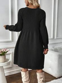 SHEIN LUNE Của phụ nữ Tay áo lồng đèn Đầm Với Chải Đường viền cổ chữ V - màu đen - Xem 2