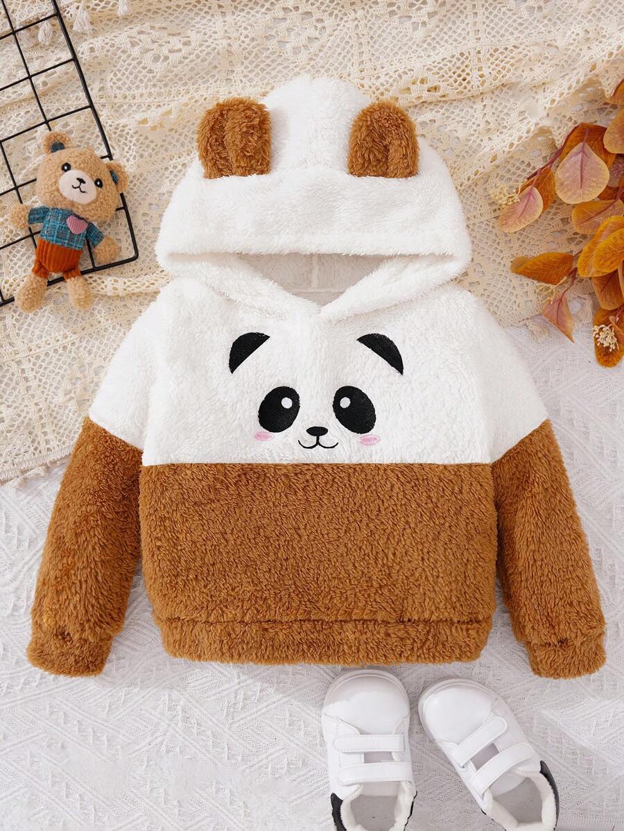 SHEIN 少女双色卡通刺绣3D耳朵设计卫衣 - 卡其色 - 查看 1