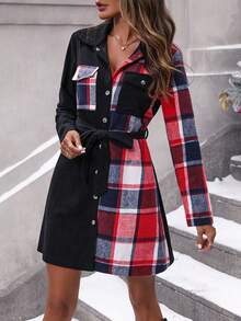 SHEIN LUNE Vá lại Kẻ sọc Nút lên Váy sơ mi Với Flap túi - Nhiều màu - Xem 3