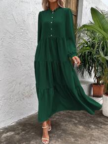 SHEIN Clasi Green Lantern Sleeve Button Half Placket Midi Dress - Green - View 5
