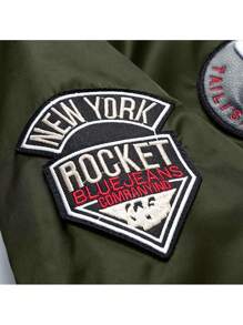 Men Long Sleeve Reversible Letter Patched Zip Up Bomber Jacket, For Fall - Army Green - View 6