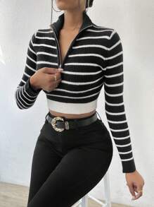 Zolique 女士条纹撞色长袖针织套头衫秋冬毛衣 - 黑與白 - 查看 6