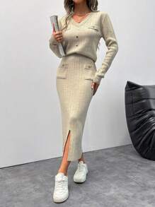 EURMUSE Women's Solid Color Button Design V-Neck Long Sleeve Sweater And Split Hem Knit Midi Skirt 2-Piece Set, Autumn/Winter