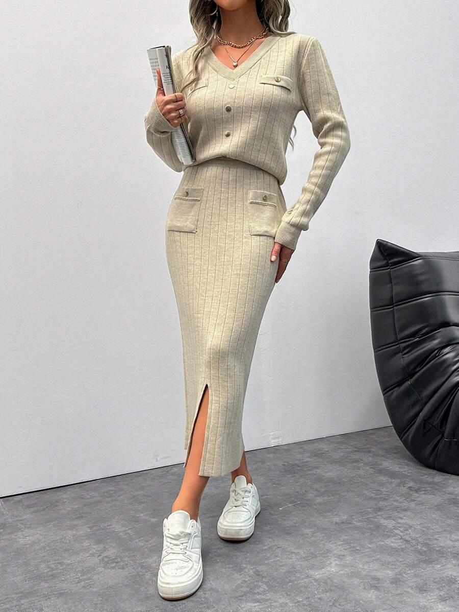 EURMUSE Women's Solid Color Button Design V-Neck Long Sleeve Sweater And Split Hem Knit Midi Skirt 2-Piece Set, Autumn/Winter