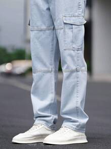 Manfinity Homme Men's Side Pocket Cargo Denim Jeans - Light Wash - View 5