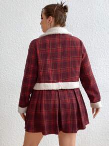 Flirla Hơn In kẻ sọc Cổ áo Borg Áo khoác & Váy - Đỏ - Xem 5