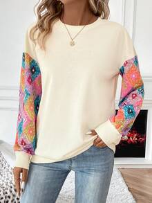 SHEIN LUNE Sudadera con estampado geométrico de hombros caídos - Albaricoque - Ver 4
