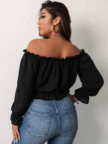 Franclia Blusa de hombros descubiertos ribete fruncido con nudo delantero de manga con volante