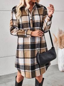 SHEIN Unity 女士格子保暖衬里连衣裙 - 卡其色 - 查看 3