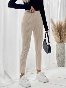 SHEIN LUNE 素色高腰緊身打底褲 - 杏色 - 查看 3