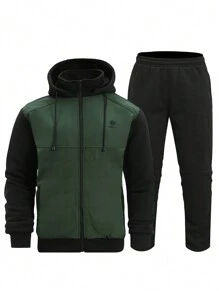 Men's Letter Embroidery Zipper Hoodie And Pants Set With Thermal Lined - Army Green - View 9