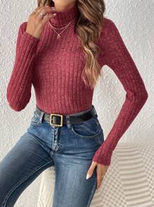 SHEIN Frenchy Camiseta de cuello tortuga tejido de canalé - Burdeos - Ver 7