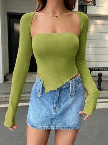 SHEIN EZwear 三角袖不對稱下擺t恤 - 橄欖綠 - 查看 2