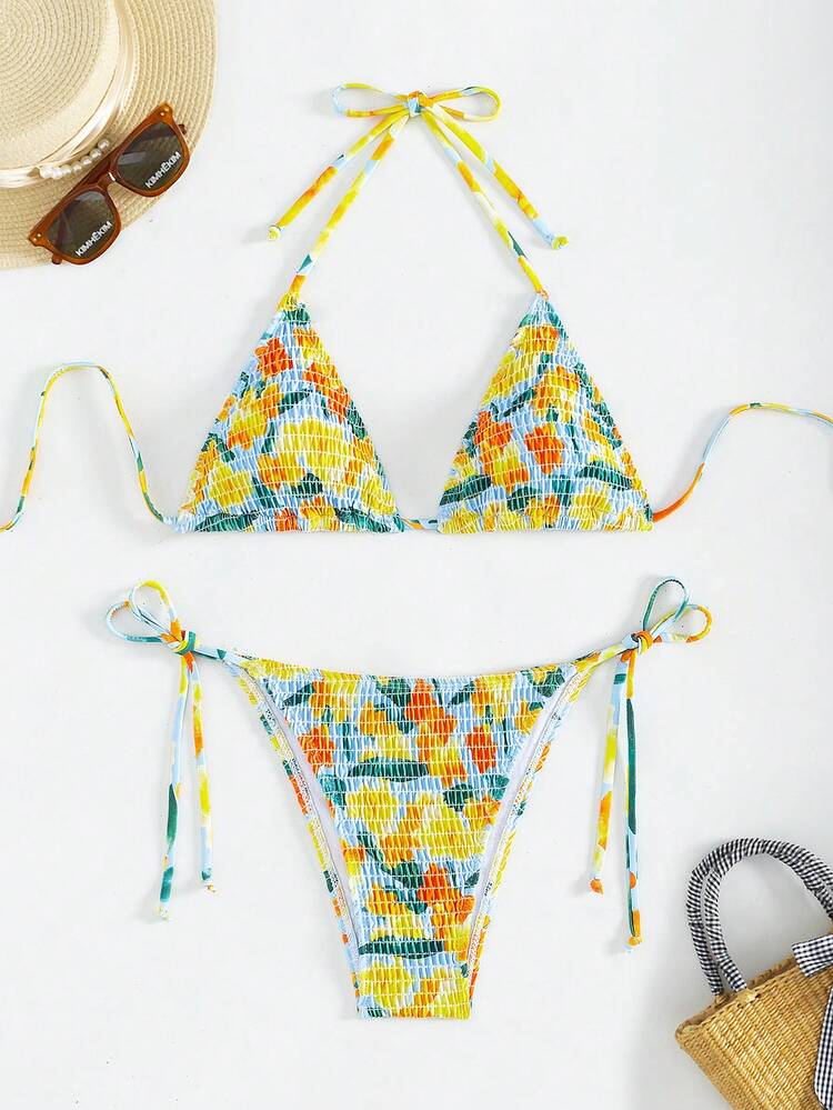 Women's Floral Printed Halter Neck Bikini Set Summer