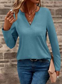 EMERY ROSE Camiseta De Manga Larga Con Cuello De Muesca Profunda Para Mujer - Azul - Ver 4