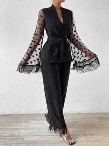 SHEIN LUNE Contrast Mesh Flare Sleeve Top And Fringe Hem Pants Set - Black - View 5