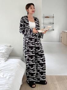 DAZY 1pc Letter Graphic Belted Robe and 1pc Pants PJ Set - Black and White - View 3