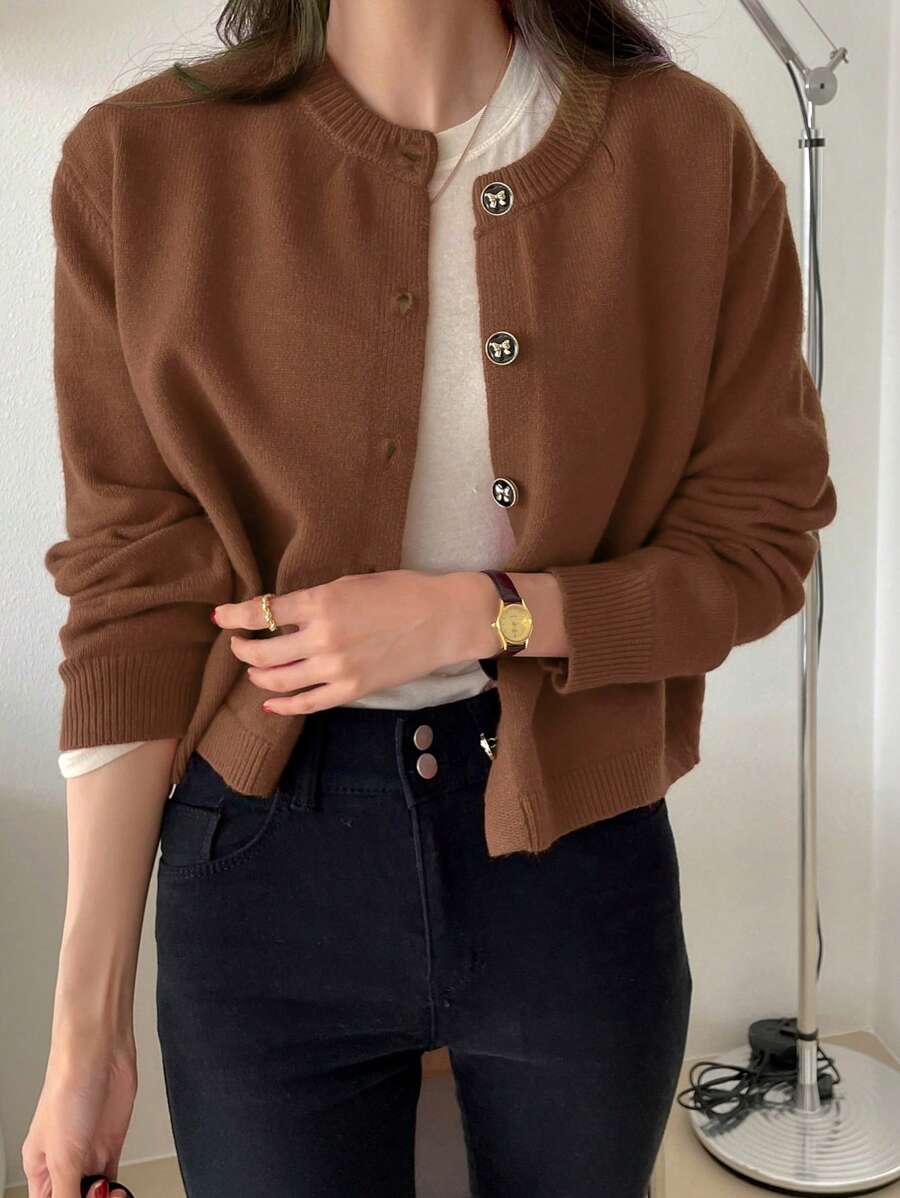 DAZY Solid Button Front Cardigan - Camel - View 1