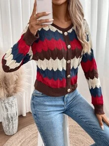 SHEIN Frenchy 對比落肩袖鈕前開衫 - 彩色 - 查看 4