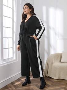 SHEIN Essnce Women's Plus Size Color Block Side Stripe Jumpsuit - Black and White - View 5