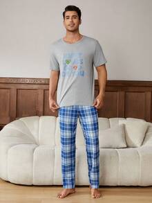 男士卡通表情印花圓領t卹+格紋長褲家居服 - 彩色 - 查看 6