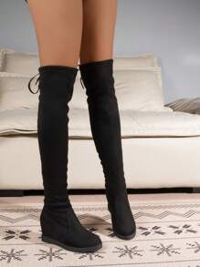 女士內增高絨面過膝靴 - 黑色 - 查看 4