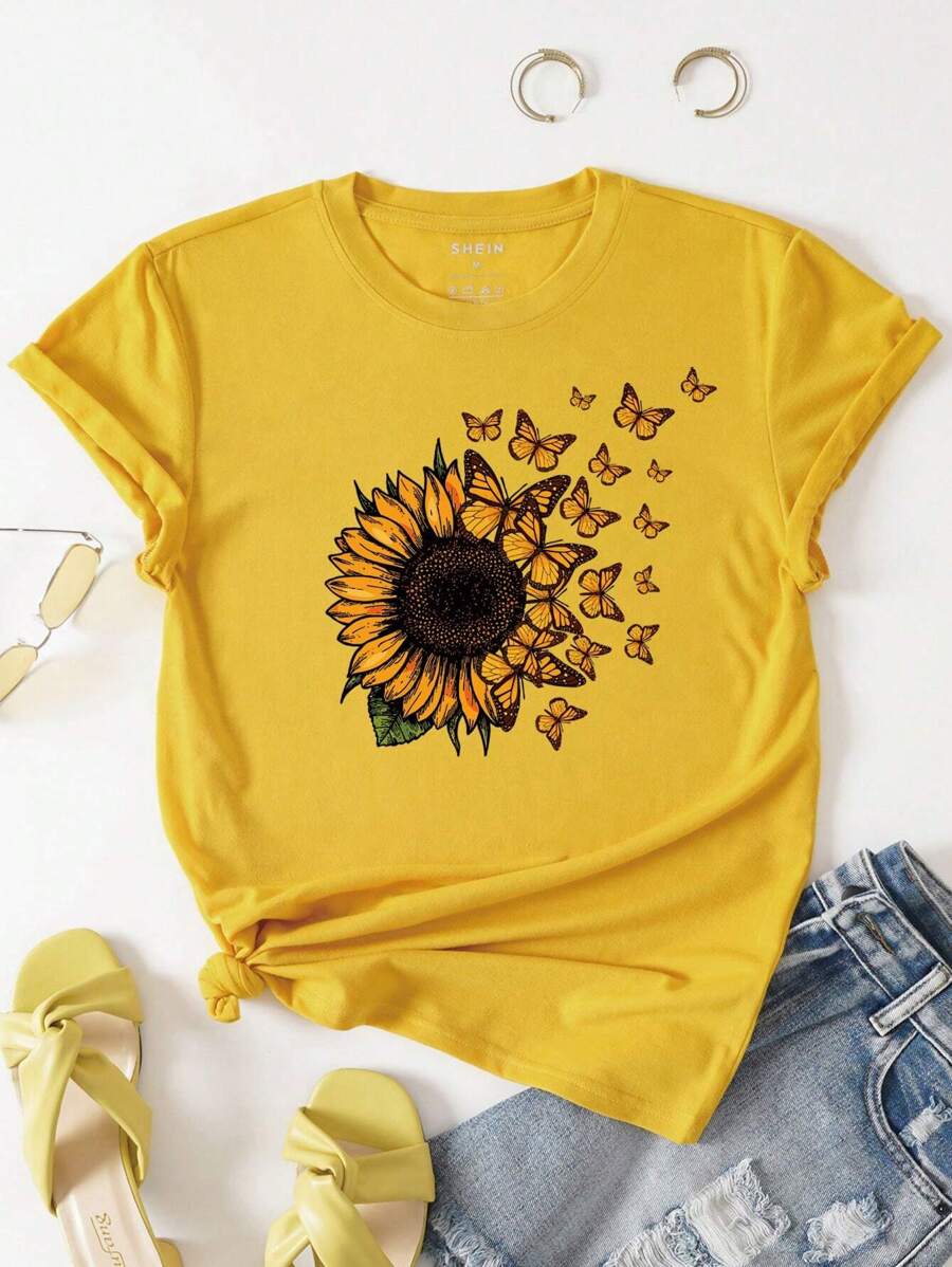 INAWLY T-shirt à manches courtes imprimé tournesol et papillon grande taille, t-shirt graphique, Top d'été pour femmes - Jaune citron - Voir 1