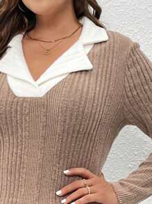 SHEIN LUNE Kích thước lớn Màu Khaki Bộ đồ Vòng cổ Váy bodycon - Màu Khaki - Xem 6