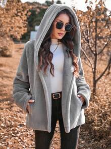 SHEIN Essnce 女式帶斜口袋帽t長袖外套 - 深灰色 - 查看 3