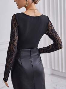 SHEIN Privé Women's Sweetheart Neck Lace Bodysuit - Black - View 2