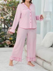 Plus Contrast Piping Flounce Sleeve Ruffle Hem PJ Set / Pajama Set - Pink - View 5