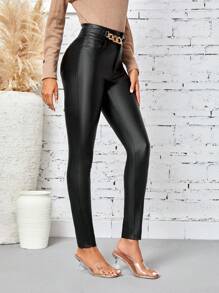 SHEIN LUNE 女性時尚鏈條裝飾純色修身長褲